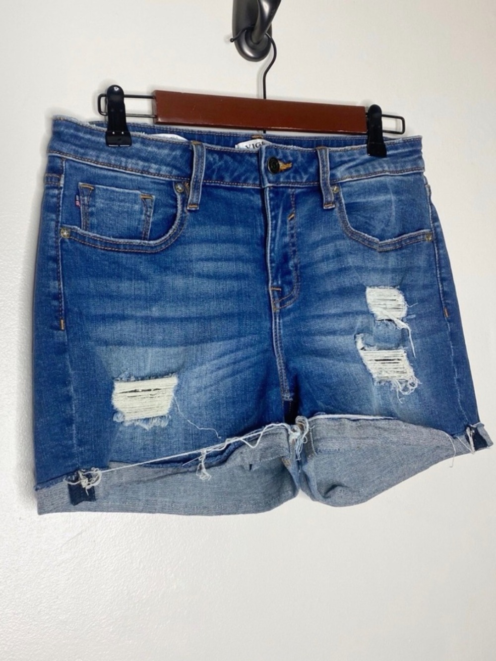 Vigoss Distressed Rolled Hem Blue Denim Shorts
